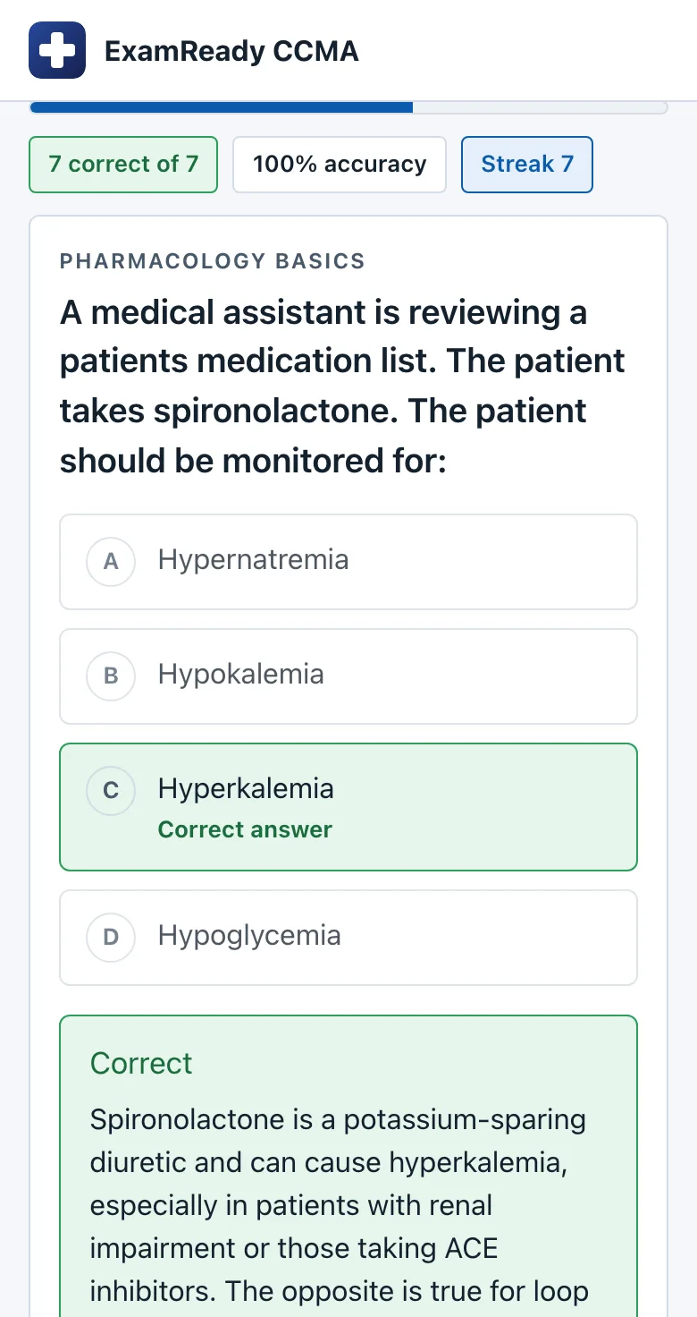 CCMA practice feedback on a phone: the correct choice highlighted with the explanation below it